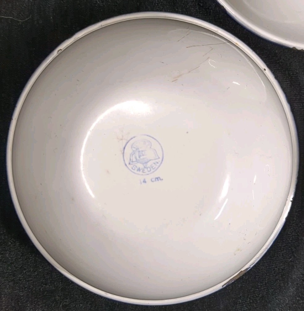 Lot 3 KER Sweden Enamelware Bowls 14 Cm 5.50" White Blue 