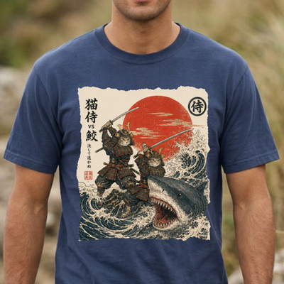 Samurai Cat Shirt, Shark T-Shirt, Ukiyo-e Japanese Wave Tee, Funny Ninja Cat