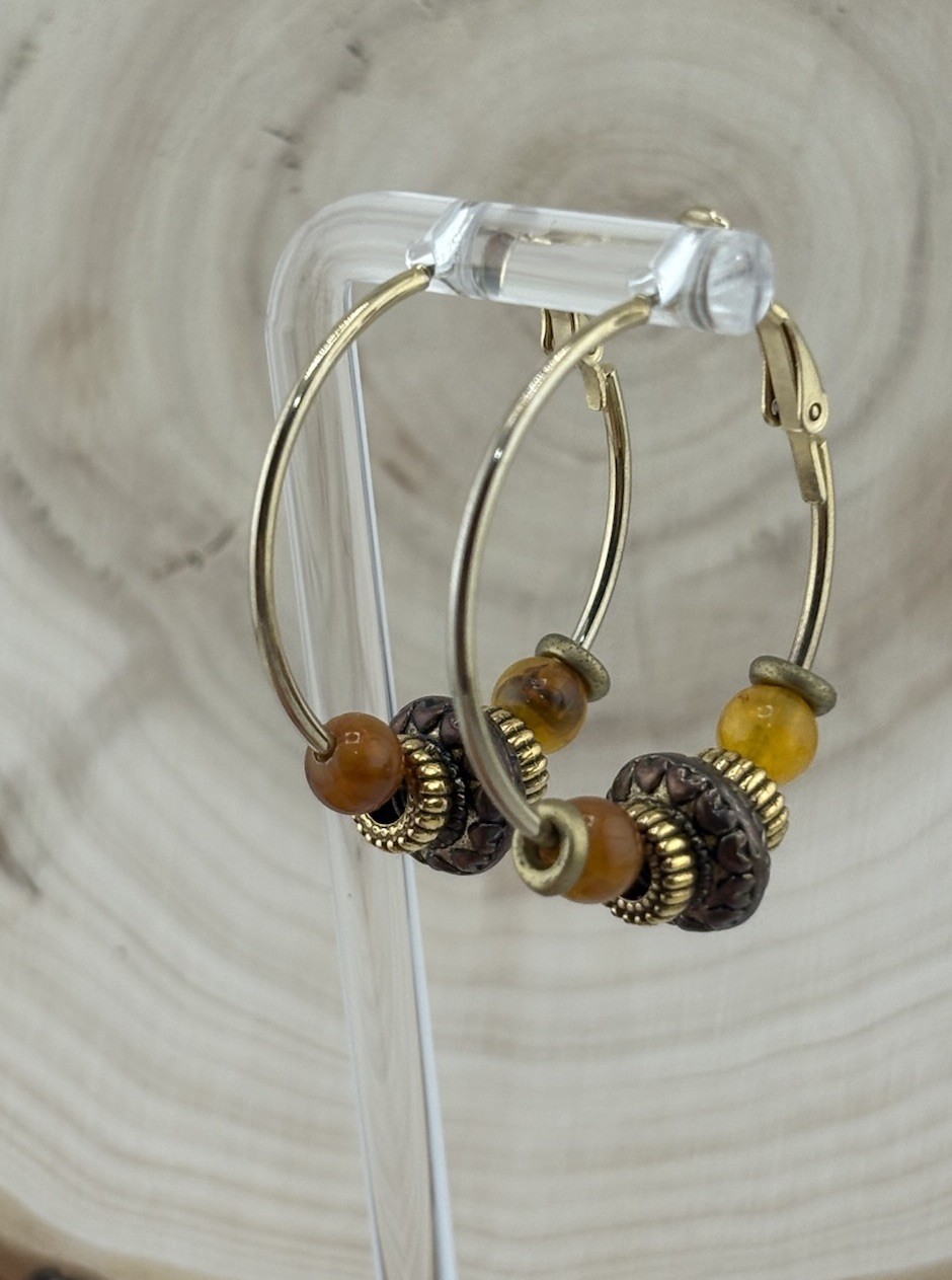Vintage Beaded Hoop Earrings Amber Brown Bronze Tone Boho Dangle