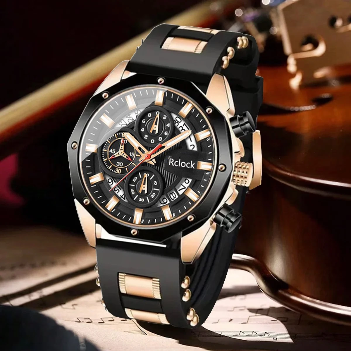 NEW Men's Black Silicone Strap Automatic Day/Date Dress Watch - Picture 6 of 7