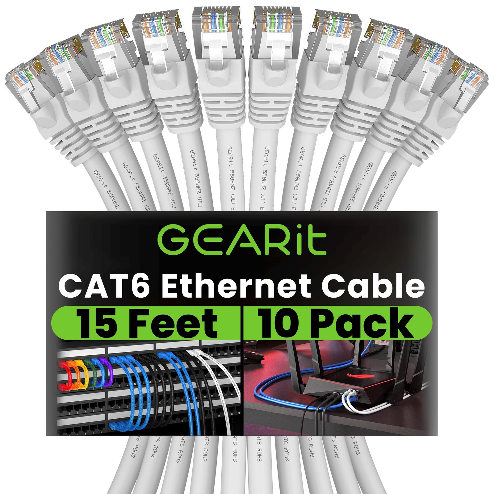 Cat 6 Ethernet Cable (10-Pack 15 Feet) Cat6 Network Patch, 10Gbps, RJ45, Snag...