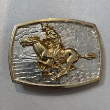 Vintage Horse Back Rider Racing Through Town Western Belt Buckle