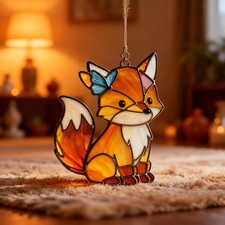 Handmade 2D Acrylic Fox Suncatcher with Blue Butterfly, Cute Woodland Animal