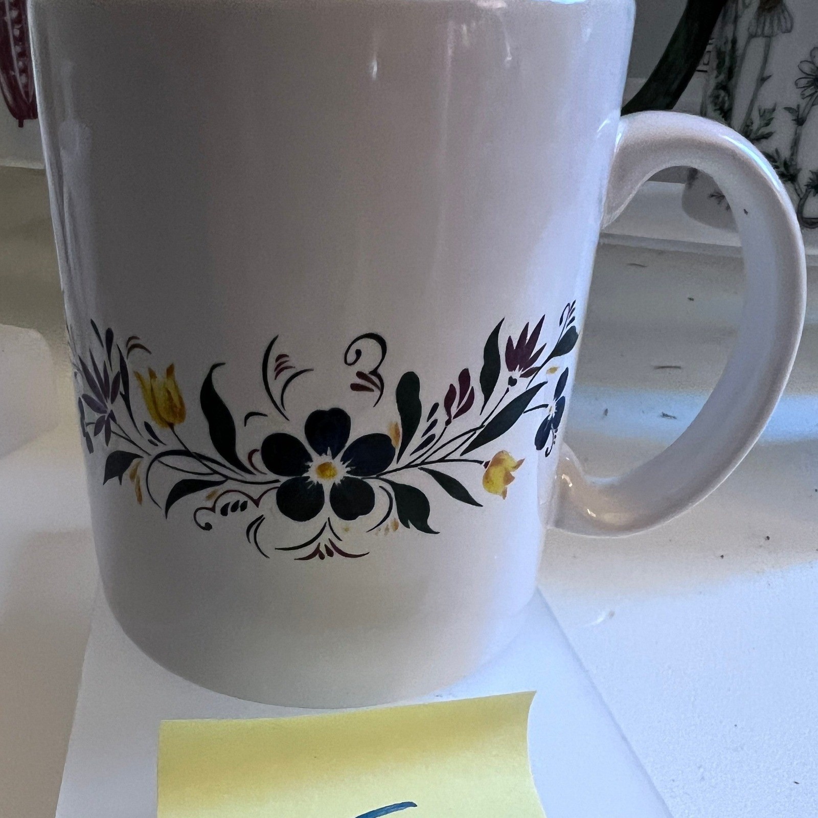 Vintage Floral Folk Art Ceramic Coffee Mug White Stoneware Tea Cup Black Yellow