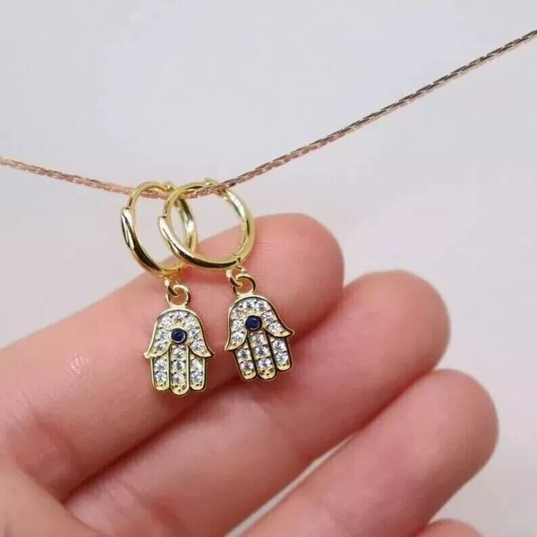 Alternate view of Drop Humsa Hand Earrings 14k Yellow Gold Plated 2ct Round Cut Simulated Diamond