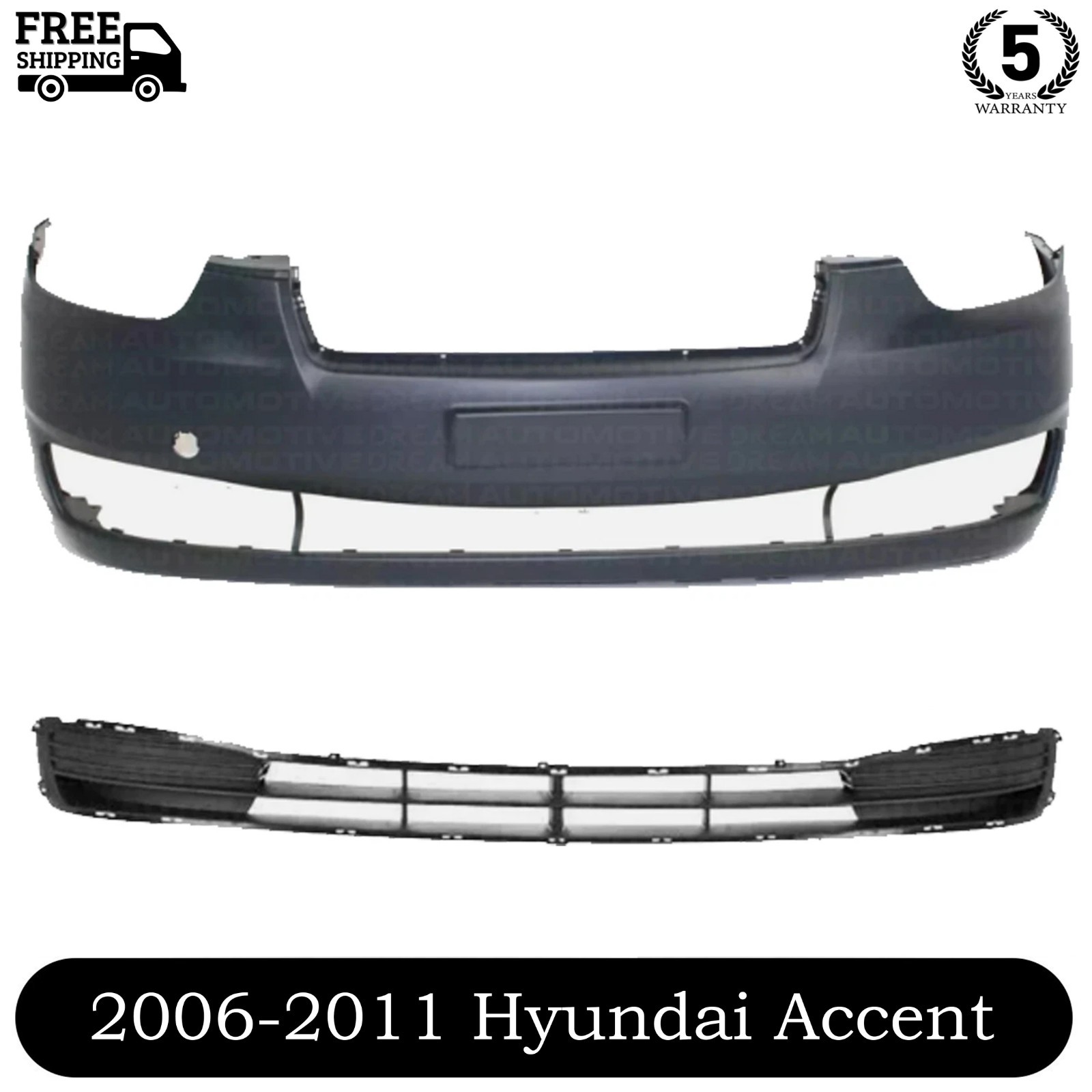 New Front Bumper Cover Fascia & Lower Grille Kit For 2006-2011 Hyundai Accent