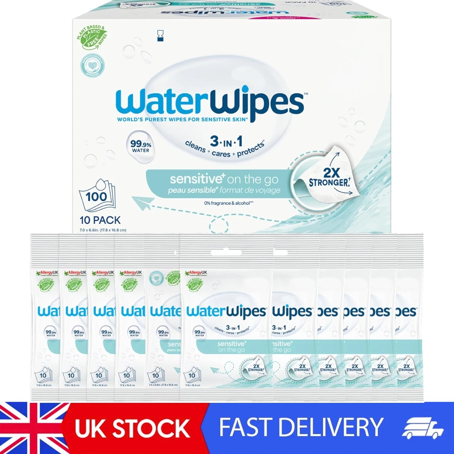 Sensitive+ On The Go Wipes, 100 Count , 3-In-1 Cleans, Cares, Protects, 99.9%