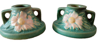 VINTAGE ROSEVILLE POTTERY PEONY CANDLE HOLDERS #1151 2