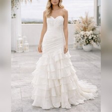 Morilee White Ruched Strapless Sweetheart Tiered Corset Back Wedding Dress sz 10