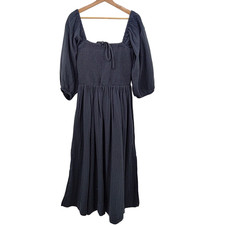 Quince 100% Organic Cotton Gauze Smocked Square Neck Midi Dress Indigo M
