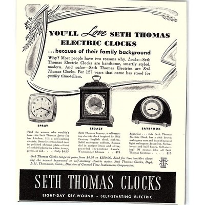 Seth Thomas Clocks Eight-Day Key-Wound Self-Starting Electric 1940 Ad AF8-3