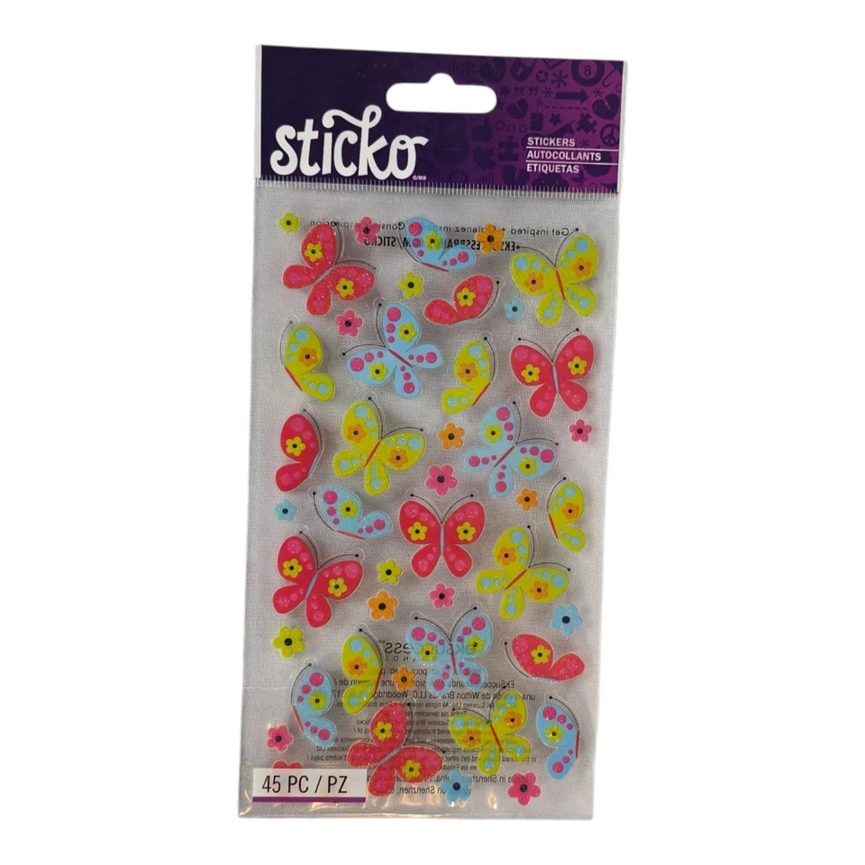 Sticko Butterflies & Flowers Stickers 45 Piece Colorful Designs 52-00276 NIP - Image 2 of 4