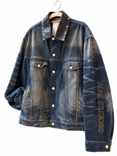 Acne Studios Oversized Denim Jacket Studded Black Leather Collar Unisex - EUR S image 4