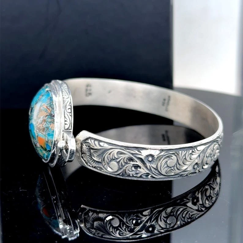 Silver Engraved Natural Turquoise Cuff Bracelet, Hand Engraved Turquoise Bangle - Image 4 of 4