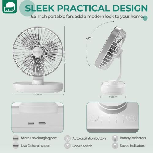 OCOOPA RotateAir Large 6.5'' Auto Oscillating Rechargeable Fan 4000mAh, 4 Speeds - Picture 4 of 8