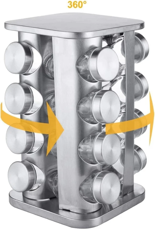 NEW Stainless Steel 16 Jar Revolving Spice Rack Stand Carousel Rotating Glass - Image 2 of 4