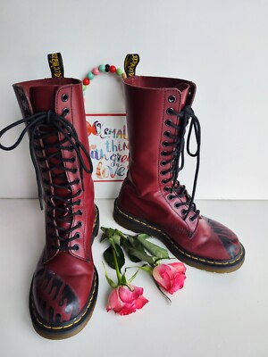 Dr Doc Martens 1914 14 eye cherry red foot print midcalf boots UK4 EU37 US6  UK