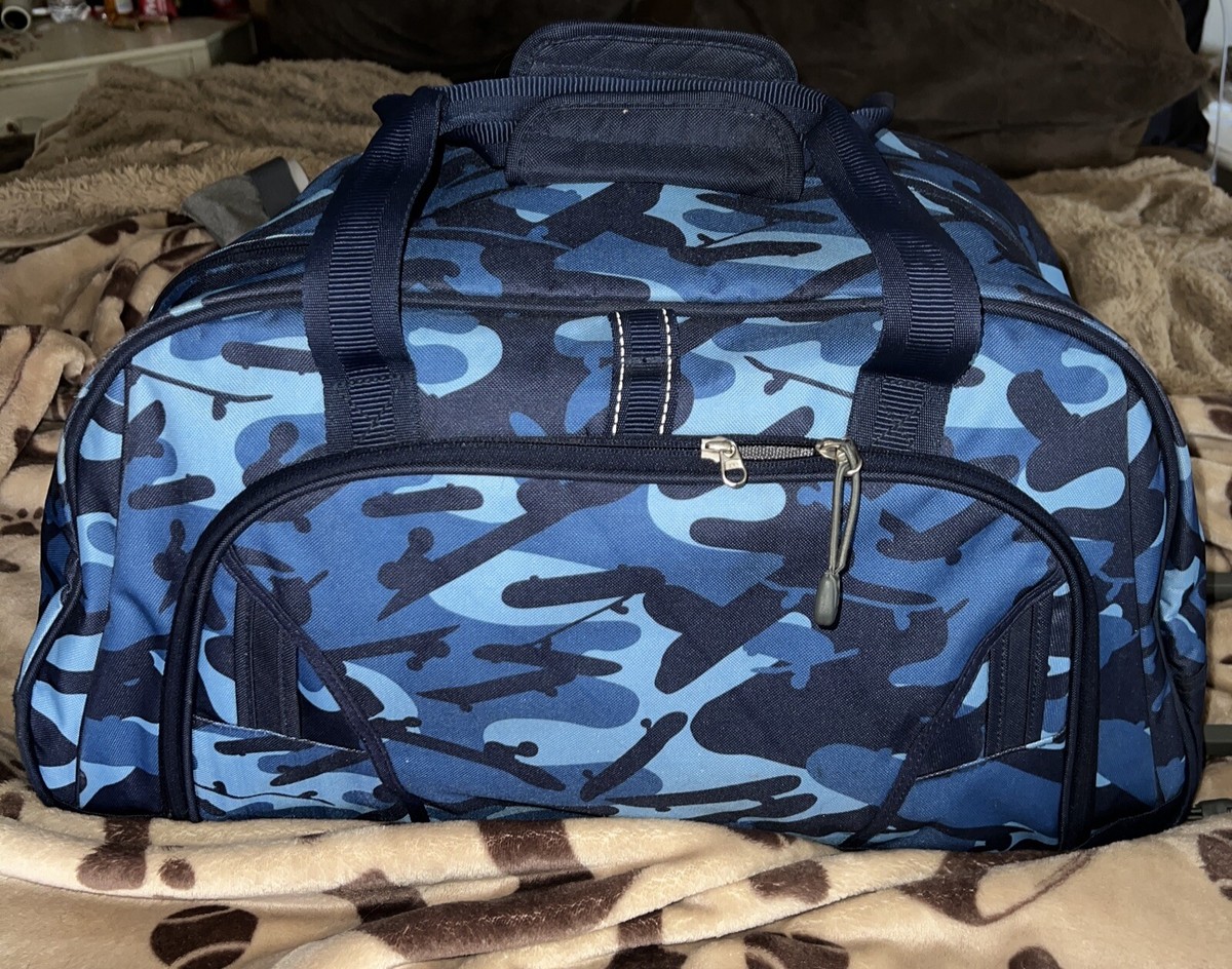 Blue camo camouflage Duffle Bag With Wheels Multiple Pockets