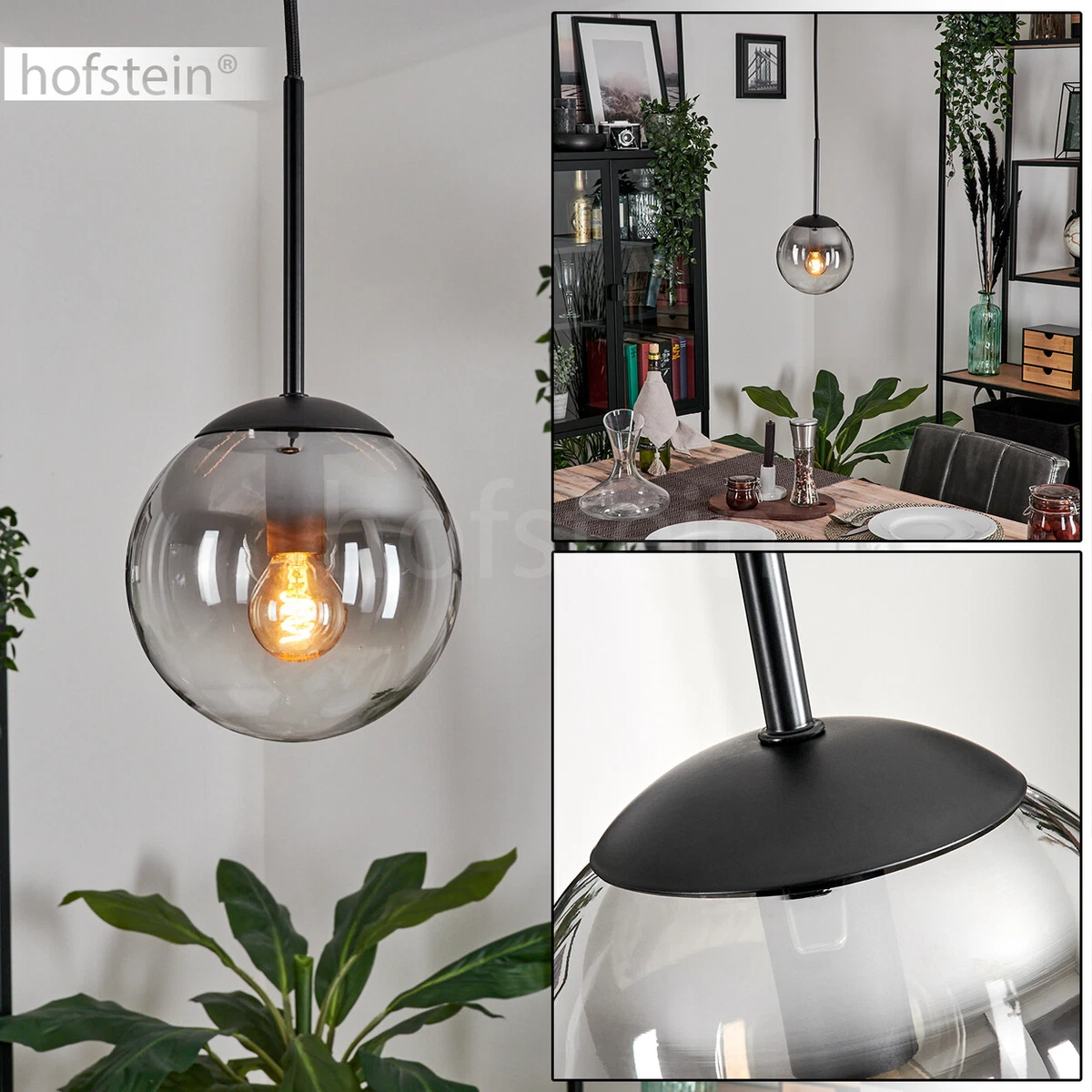 Hofstein Glashängelampe – Pendelleuchte Rauchfarben, E14, 4-6 Lichter, Schwarz Metall, Design