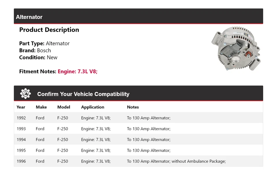 Alternador Bosch para Ford F-250 1992-1996 7,3 L V8 (nuevo) 1993 1994 1995 Foto 2 de 4