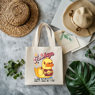 Funny Duck Design Cotton Canvas Tote Bag, Eco-Friendly Shopping Bag, Cute Gift