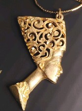 Gold Plate NEFERTITI Pendant Necklace 2-5/8" Etched Engraved Finish Egyptian!