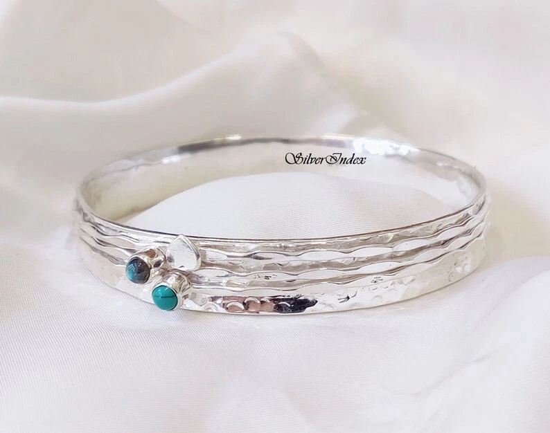 Brazalete Labradorita y Turquesa Giratorio Plata 925 Martillado Regalo Único SV2011 Foto 4 de 4