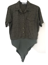 Khaki Womens Dress Bodysuit Size 14 / 16 With Embroidery, Lined Gusset & Buttons