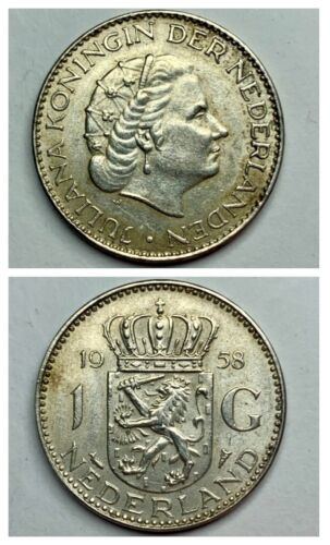 UNC to AU 1958 Netherlands 1 Gulden European Silver Coin KM# 184 - Picture 1 of 3