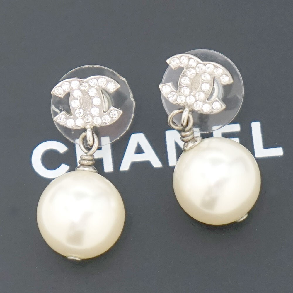 CHANEL CC Logos Rhinestone Pearl Drop Stud Earrings Silver