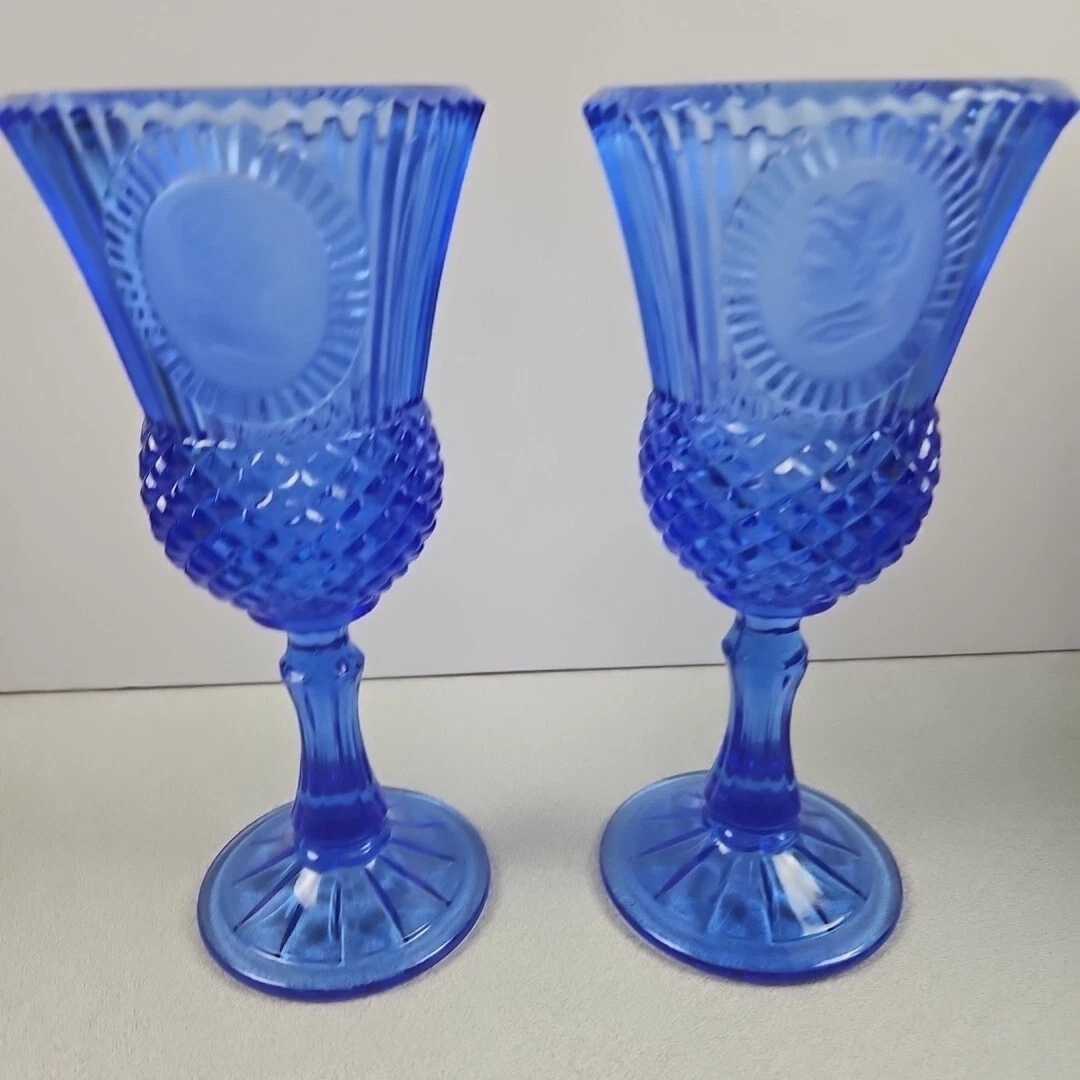 Pair Avon Fostoria Blue George and Martha Washington Goblet Set