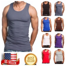 Men S-5XL 100% Cotton Tank Top T-Shirt A-Shirt Muscle Ribbed Wife Beater Tee Gym