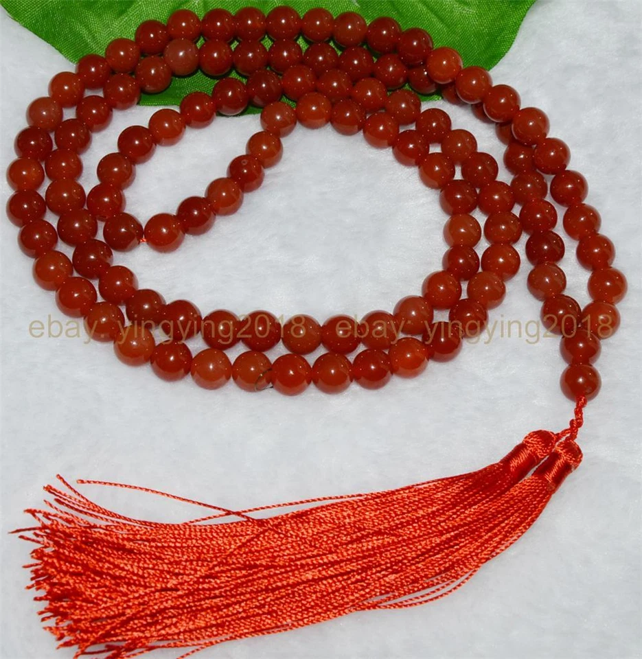 8 毫米天然红色玛瑙玉髓西藏佛教 108 祈祷珠玛拉项链 — 第 2/3 张图片