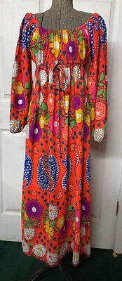 neon floral maxi dress Vintage 1970s Psychedelic Neon Floral Full Length Maxi Sleeveless Dress /  Size Small 26" Waist