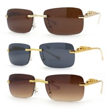 Mens Rimless Pimp Leopard Jewel Pin Arm Rectangle Sunglasses