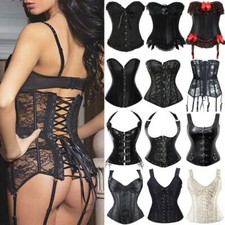 Women Black Overbust Boned Corset Basque Burlesque Top Lace-Up Costume Puls Size