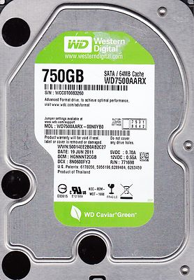 WD WD7500AARX-00N0YB0 dcm: HGNNNT2CGB sn: WCC0T Thailand 2011  750GB SATA  D4-03