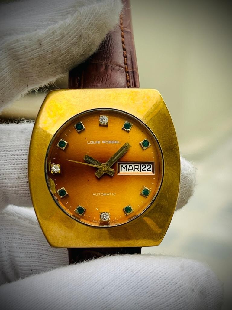 Vintage Louis Rossel Diamond & Emerald Dial 38mm Automatic Mens