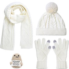 Womens Winter Warm Knit Beanie Hat Touchscreen Gloves Long Neck Scarf Set with F