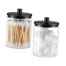 Glass Qtip Holder Dispenser - 10 oz Clear Canister Apothecary 2 Pack Black