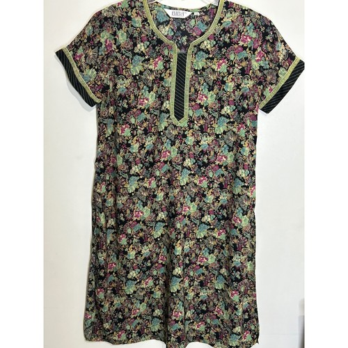 Biba, BIBA Floral Print Dress Short Sleeve Green Trim Vintage Size 38