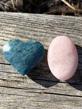 Polished Crystals Lot- Natural Rose Quartz Palm Stone  Blue Apatite Heart