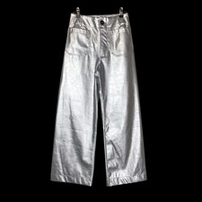 Maeve Womens The Colette Cropped Metallic Vegan Leather Pants Size 25 Silver