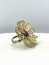 Gold Tone Layered Cutout Flower Petals Purple Enamel Statement Ring Size 7