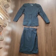 Vintage 1990 Thierry Mugler Suit Dark Green Wool Jacket Skirt Set 7AR Size