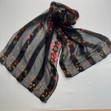 Black Chiffon Scarf With Roses and Subtle Stripe Unbranded 60"L x 14" Elegant