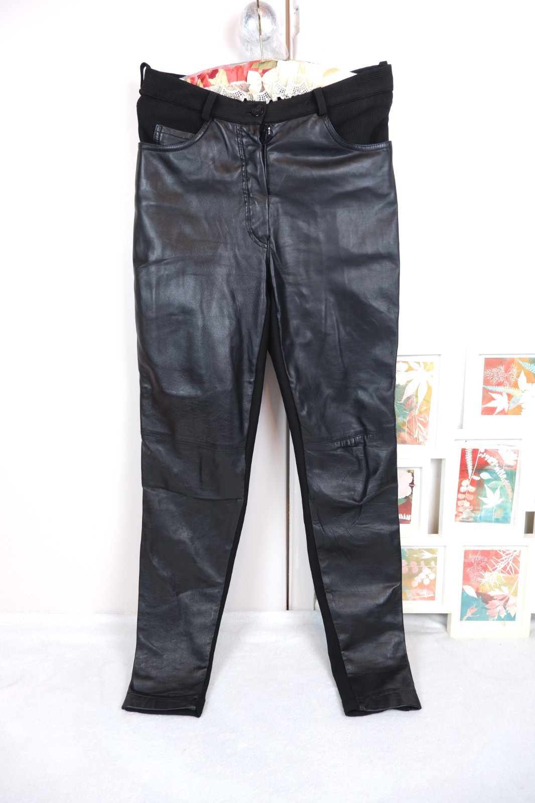 Vintage Betty Barclay UK8 Avantgarde Black 100% Genuine real Leather Pants trous