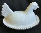 Vintage White Milk Glass Hen Chicken on Nest Covered Candy Dish Pearl Edge 7"