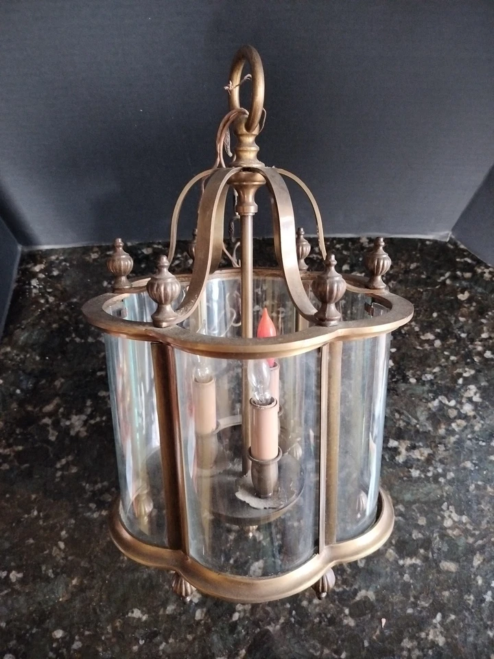 Потолочный светильник лампа латунь 3 лампы изогнутое стекло 6 сторон причудливое цепное фойе 14 дюймов - Изображение 2 из 4