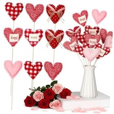 12 Pcs Valentine's Day Heart Picks 13 inch 3D Fabric Heart Picks Decorations